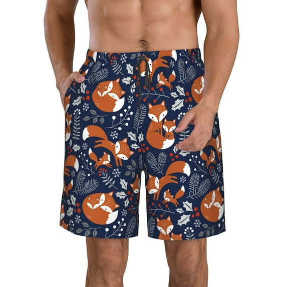 Fuzoiu Cute Foxes Print Men's Beach Shorts,Men's Swim Trunks,Quick Dry Board Shorts with Pockets,Men's Bathing Suits for Surfing, Running, and Casual Wear-X-Large