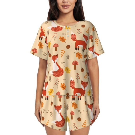 Fuzoiu Cute Foxes Print Women's Short-Sleeved Pajama Set,Lounge Sleepwear Set,Womens Pajama Sets 2 Piece,Button-Up Top and Shorts with Pockets-3X-Large
