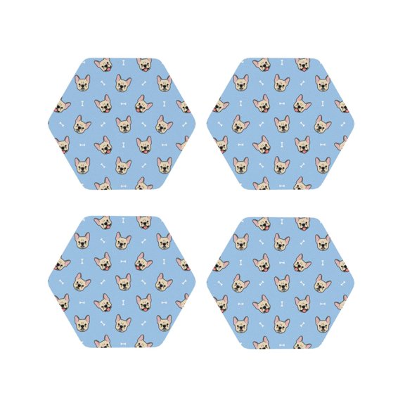 Fuzoiu Cute French Bulldog Print Leather Coasters Set,Drink Coasters Set of 4,for Tabletop Protection, Durable PVC Coasters,Home Décor and Housewarming Gift-Hexagon