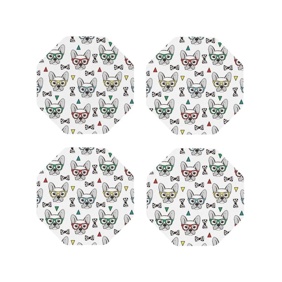 Fuzoiu Cute French Bulldog Print Leather Coasters Set,Drink Coasters Set of 4,for Tabletop Protection, Durable PVC Coasters,Home Décor and Housewarming Gift-Octagon
