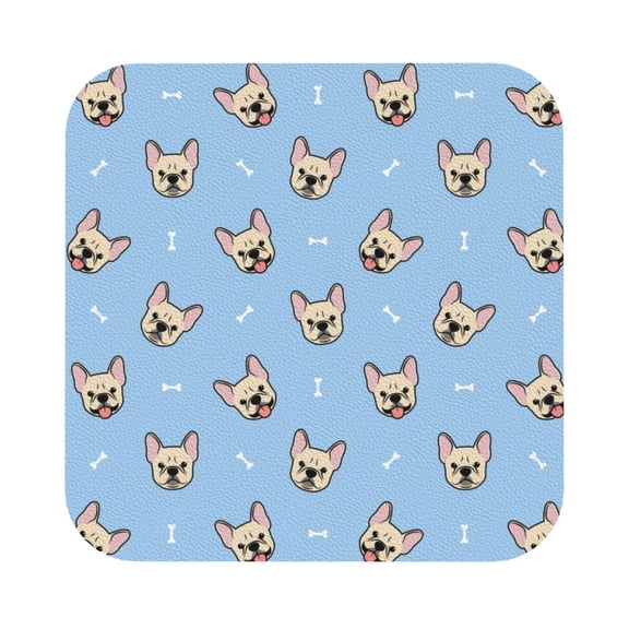 Fuzoiu Cute French Bulldog Print Leather Coasters Set,Drink Coasters Set of 6,for Tabletop Protection, Durable PVC Coasters,Home Décor and Housewarming Gift,Square