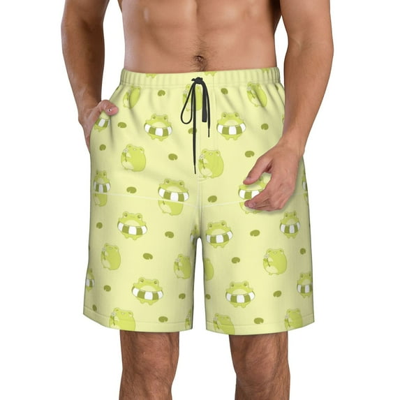 Fuzoiu Cute Frog3 Print Men's Beach Shorts,Men's Swim Trunks,Quick Dry Board Shorts with Pockets,Men's Bathing Suits for Surfing, Running, and Casual Wear-Large