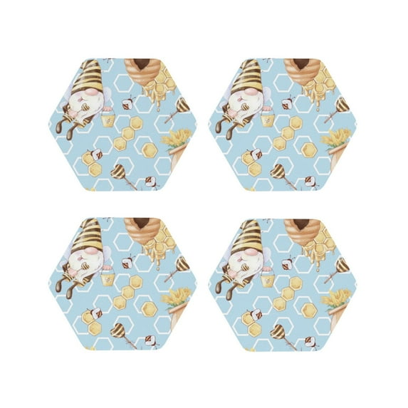 Fuzoiu Cute Gnome Bee Collects Honey Print Leather Coasters Set,Drink Coasters Set of 4,for Tabletop Protection, Durable PVC Coasters,Home Décor and Housewarming Gift-Hexagon