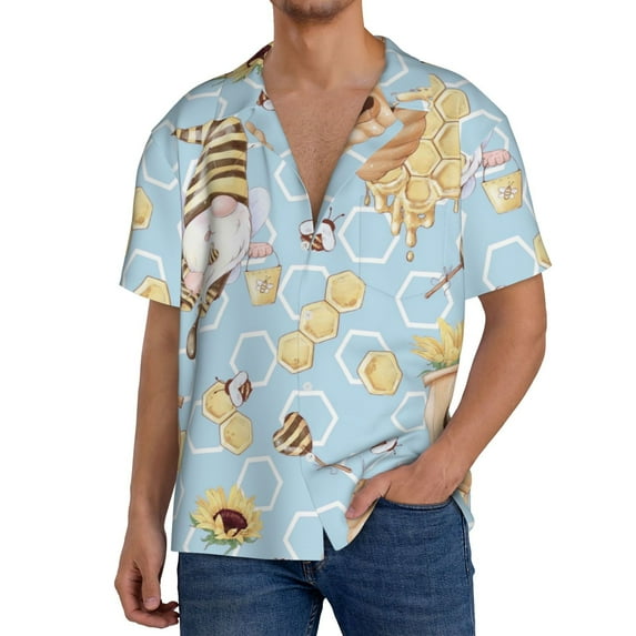 Fuzoiu Cute Gnome Bee Collects Honey Print Men's Casual Short,Men's Short Sleeve Shirt,Mens Casual Button Down Shirts,Cuban Collar Summer Shirt for Beach, Vacation, and Outdoor Activities-Large