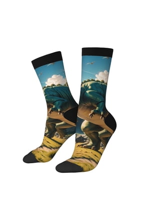 Cute Green Dinosaur Blue Sky Print Athletic Crew Socks for Men & Women,Casual Crew Socks,Above Ankle Crew Socks for Business, Casual