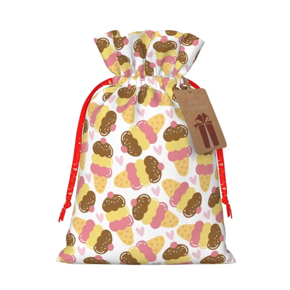 Fuzoiu Cute Ice Cream Print Christmas Gift Bag,Burlap Gift Bag with Drawstring Closure & Hang Tag,Perfect for Holidays, Birthdays, and Special Occasions-Small
