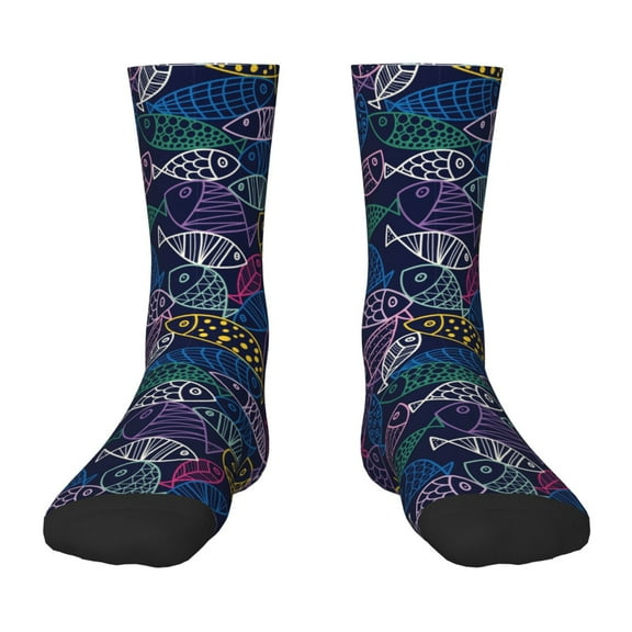 Fuzoiu Cute Line Fish Print Kids Socks For Boys Girls,Grip Crew Socks with Non Slip,Lightweight Stretch Crew Socks,Toddlers Crew Boot Socks