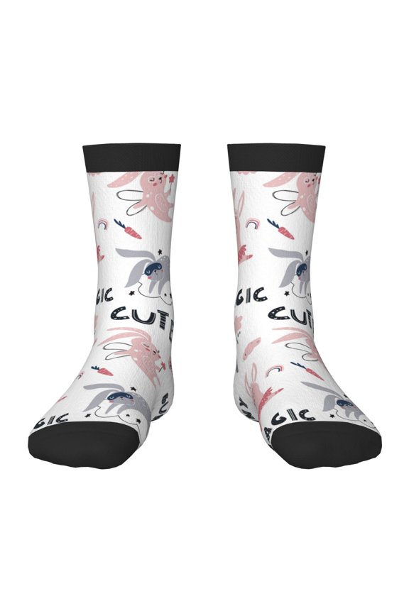 Cute Magic Bunny Print Kids Socks For Boys Girls,Grip Crew Socks with Non Slip,Lightweight Stretch Crew Socks,Toddlers Crew Boot Socks