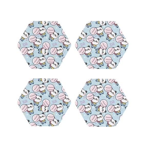 Fuzoiu Cute Panda Bear Print Leather Coasters Set,Drink Coasters Set of 4,for Tabletop Protection, Durable PVC Coasters,Home Décor and Housewarming Gift-Hexagon