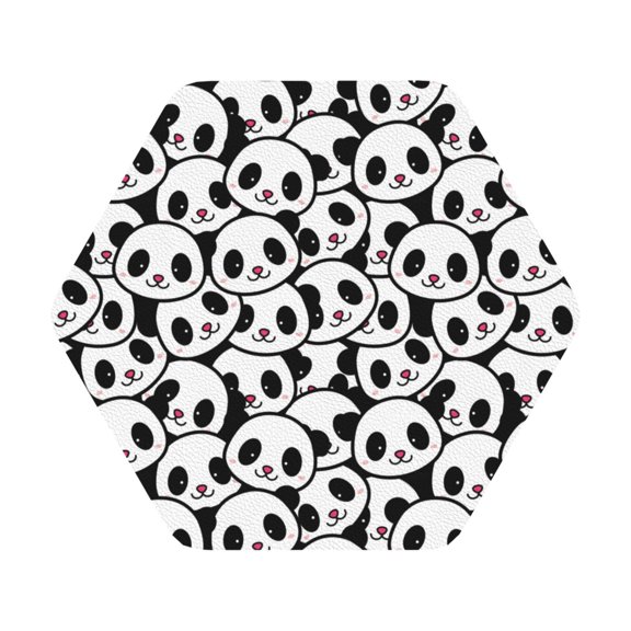 Fuzoiu Cute Panda Face Print Leather Coasters Set,Drink Coasters Set of 6,for Tabletop Protection, Durable PVC Coasters,Home Décor and Housewarming Gift,Hexagon