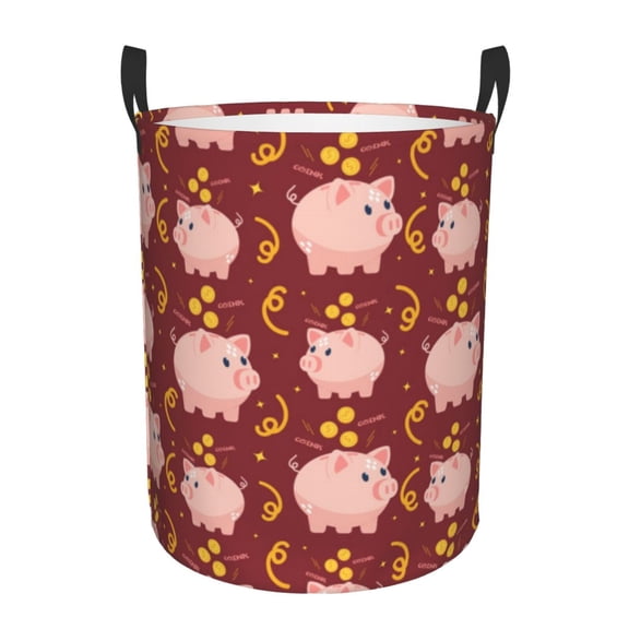 Fuzoiu Cute Pig with Coins Print Circular Hamper,Laundry Basket with Handle,Collapsible Laundry,Dirty Clothes Storage Basket,for Bedroom Bathroom Dorm Living Room-Medium