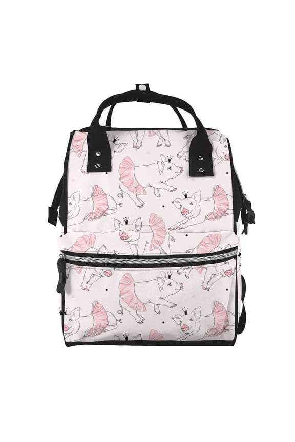 Cute Piggy Ballerina Print Diaper Bag Backpack,Baby Essentials Travel Tote,Multi function Waterproof Diaper Bag, Travel Essentials Baby Bag - Unisex