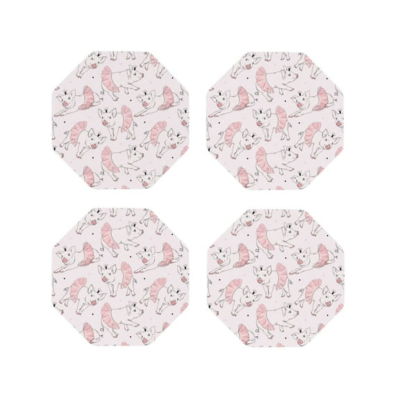 Fuzoiu Cute Piggy Ballerina Print Leather Coasters Set,Drink Coasters Set of 4,for Tabletop Protection, Durable PVC Coasters,Home Décor and Housewarming Gift-Octagon