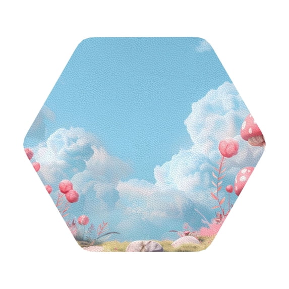 Fuzoiu Cute Pink Mushrooms Print Leather Coasters Set,Drink Coasters Set of 6,for Tabletop Protection, Durable PVC Coasters,Home Décor and Housewarming Gift,Hexagon
