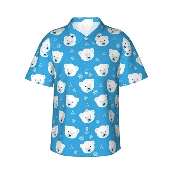 Fuzoiu Cute Polar Bear Print Hawaiian Shirt for Men, Summer Beach Casual Short Sleeve Button Down Shirts, Men’s Beach Summer Shirts with Pocket,Small