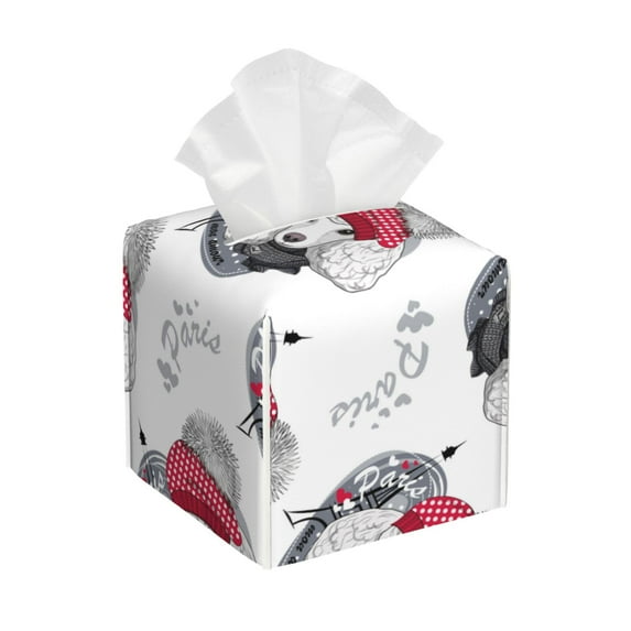 Fuzoiu Cute Poodle Dog Print Tissue Box Cover Holder, Square Leather Tissue Box,PU Leather Decorative Organizer for Tabletop, Bathroom, Car, Office