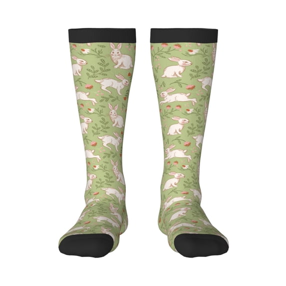Fuzoiu Cute Rabbit And Flower Print Adult Stockings,Crew Socks,Unisex Fashion Socks, Casual Sports Socks,Comfortable Crew Socks for Everyday Wear and Sports