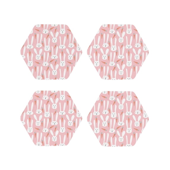 Fuzoiu Cute Rabbit Carrot Print Leather Coasters Set,Drink Coasters Set of 4,for Tabletop Protection, Durable PVC Coasters,Home Décor and Housewarming Gift-Hexagon