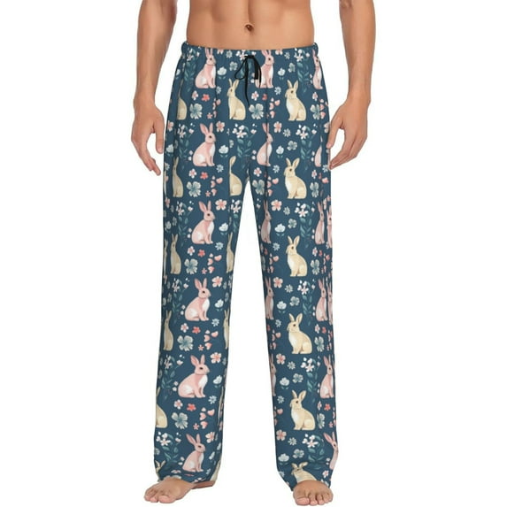 Fuzoiu Cute Rabbit Floral Print Men's Pajama Pants,Lounge Pants for Men,Lounge PJ Bottoms,Sleepwear Pants with Drawstring Pockets -Small