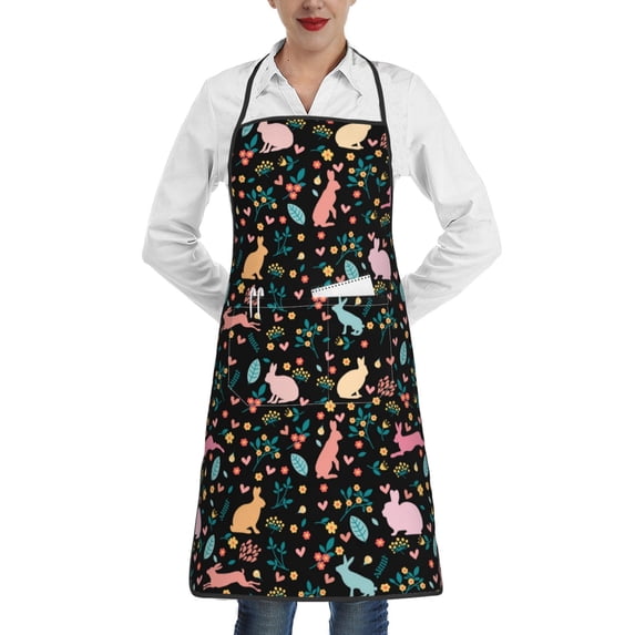 Fuzoiu Cute Rabbit And Flower Print Kitchen Cooking Aprons,Kitchen Cooking BBQ Aprons,Chef Apron with 2 Pockets for Men Women,Art Aprons for Painting Pottery Ceramics