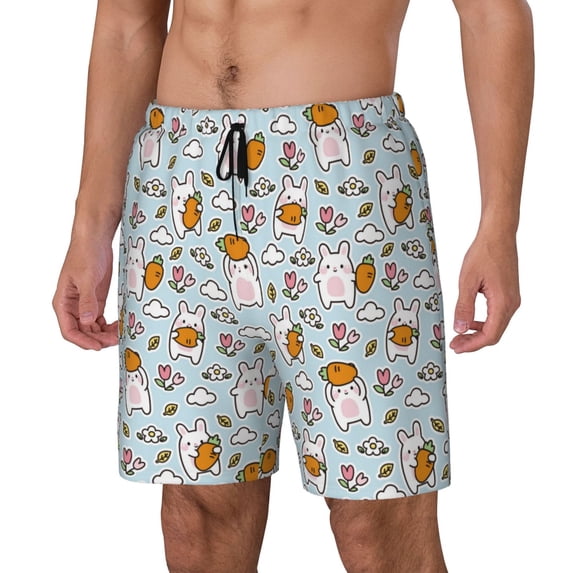Fuzoiu Cute Rabbit Hold Carrot Print Men's Swim Shorts,Quick-Dry Double-Layer Swim Trunks,Board Trunks,Beach Shorts Swimwear Bathing Suits-XX-Large