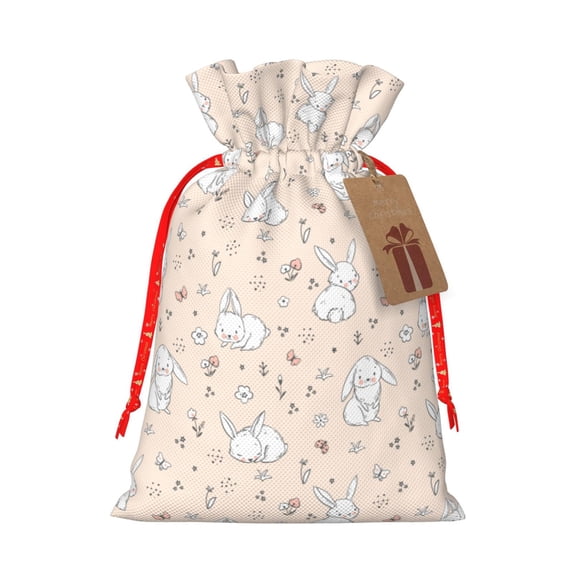 Fuzoiu Cute Rabbit Print Christmas Gift Bag,Burlap Gift Bag with Drawstring Closure & Hang Tag,Perfect for Holidays, Birthdays, and Special Occasions-Medium
