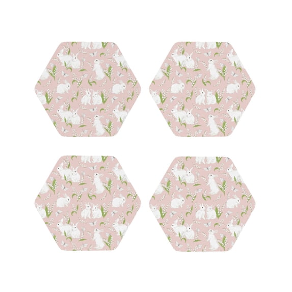 Fuzoiu Cute Rabbit Print Leather Coasters Set,Drink Coasters Set of 4,for Tabletop Protection, Durable PVC Coasters,Home Décor and Housewarming Gift-Hexagon