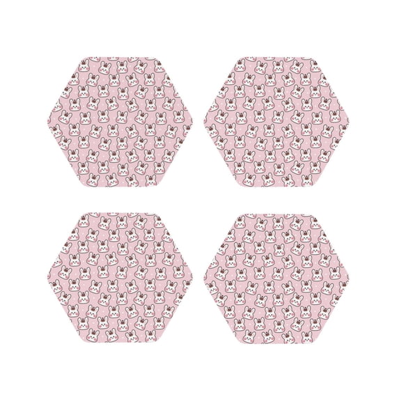 Fuzoiu Cute Rabbit Print Leather Coasters Set,Drink Coasters Set of 4,for Tabletop Protection, Durable PVC Coasters,Home Décor and Housewarming Gift-Hexagon