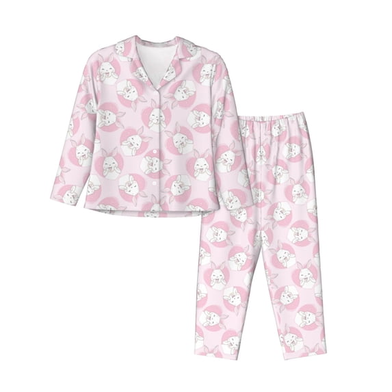 Fuzoiu Cute Rabbit Print Women's Long-Sleeved Pajama,Lounge Button Down Nightwear,Womens Notch Collar Pajama Set-Large