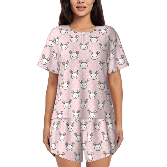 Fuzoiu Cute Rabbit Print Women's Short-Sleeved Pajama Set,Lounge Sleepwear Set,Womens Pajama Sets 2 Piece,Button-Up Top and Shorts with Pockets-XX-Large