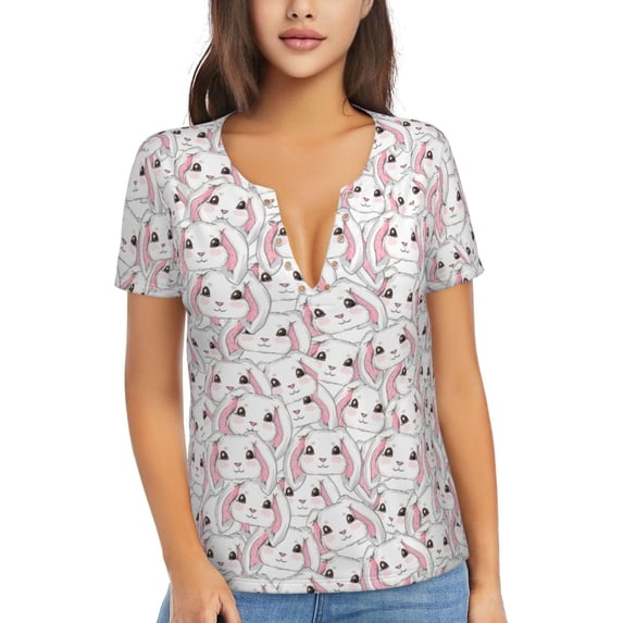 Fuzoiu Cute Rabbit Print Women's V-Neck T-Shirt,Women's Short Sleeve Top, Comfortable for Work, Leisure, and Sports