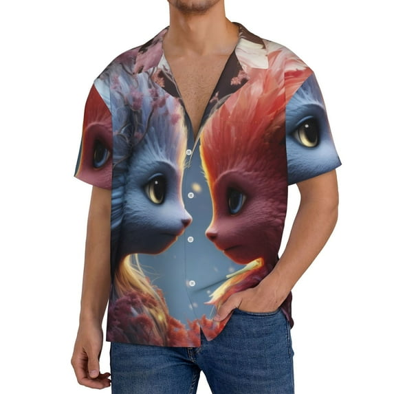 Fuzoiu Cute Red And White Elf Print Men's Casual Short,Men's Short Sleeve Shirt,Mens Casual Button Down Shirts,Cuban Collar Summer Shirt for Beach, Vacation, and Outdoor Activities-Small