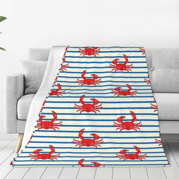 Fuzoiu Cute Red Crabs With Nautical Print Ultra-Soft Micro Fleece Blanket,All Seasons Flannel Throw, Lightweight Blanket for Bed, Sofa, Couch, Movie Night, Camping, and Travel-40"x30"