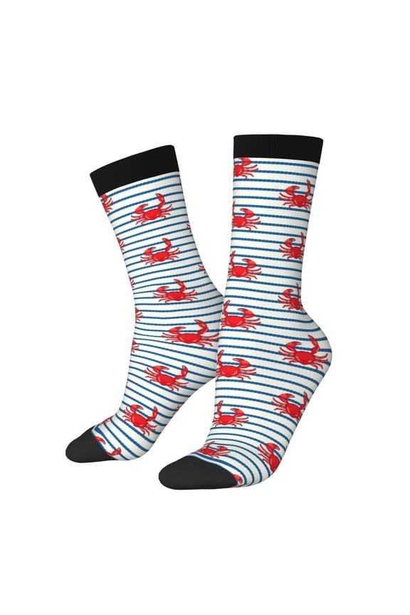 Cute Red Crabs With Nautical Print Athletic Crew Socks for Men & Women,Casual Crew Socks,Above Ankle Crew Socks for Business, Casual