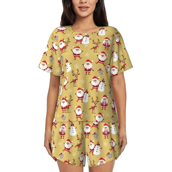 Fuzoiu Cute Santa and Reindeer Print Women's Short-Sleeved Pajama Set,Lounge Sleepwear Set,Womens Pajama Sets 2 Piece,Button-Up Top and Shorts with Pockets-4X-Large