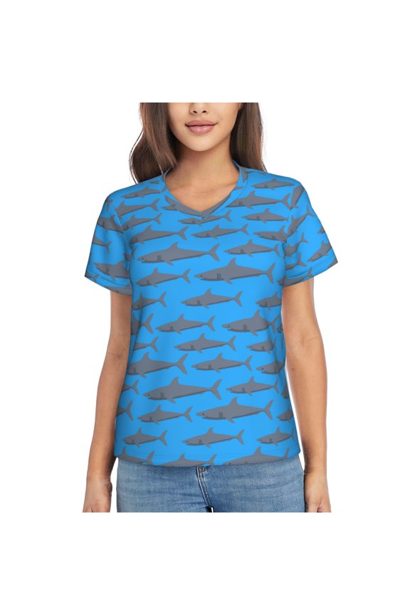 Cute Shark Print Women's Classic V-Neck T-Shirt, Short Sleeve V Neck Tees for Casual Everyday Wear,Casual Fit Tee,Summer Fashion Tops-Small