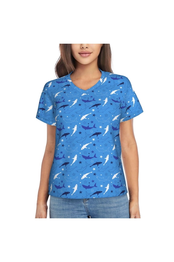 Cute Shark Print Women's Classic V-Neck T-Shirt, Short Sleeve V Neck Tees for Casual Everyday Wear,Casual Fit Tee,Summer Fashion Tops-Small