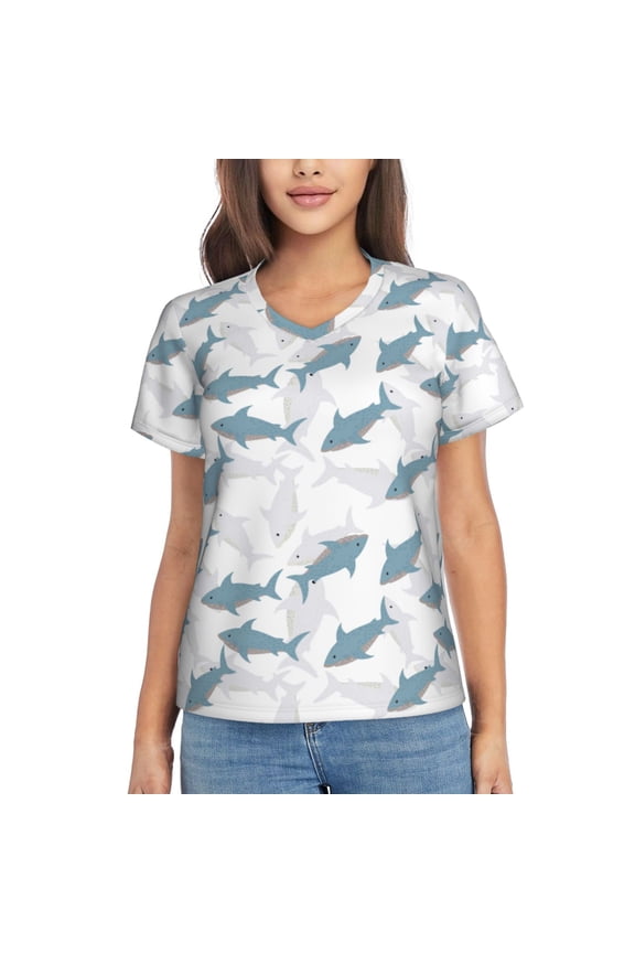 Cute Shark Print Women's Classic V-Neck T-Shirt, Short Sleeve V Neck Tees for Casual Everyday Wear,Casual Fit Tee,Summer Fashion Tops-Small