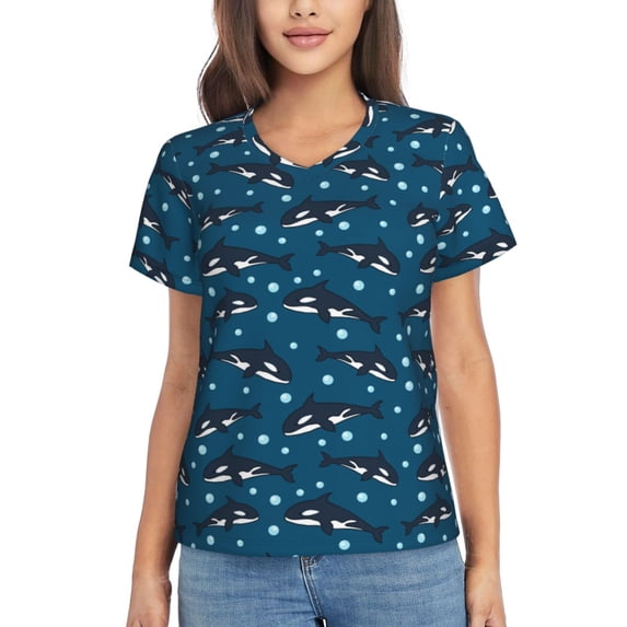 Fuzoiu Cute Shark Print Women's Classic V-Neck T-Shirt, Short Sleeve V Neck Tees for Casual Everyday Wear,Casual Fit Tee,Summer Fashion Tops-XX-Large