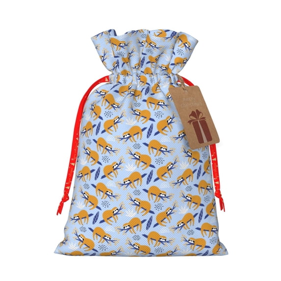 Fuzoiu Cute Sloth Print Christmas Gift Bag,Burlap Gift Bag with Drawstring Closure & Hang Tag,Perfect for Holidays, Birthdays, and Special Occasions-Small