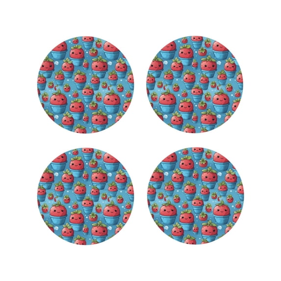 Fuzoiu Cute Strawberry Flower Pot Print Leather Coasters Set,Drink Coasters Set of 4,for Tabletop Protection, Durable PVC Coasters,Home Décor and Housewarming Gift-Round Shape