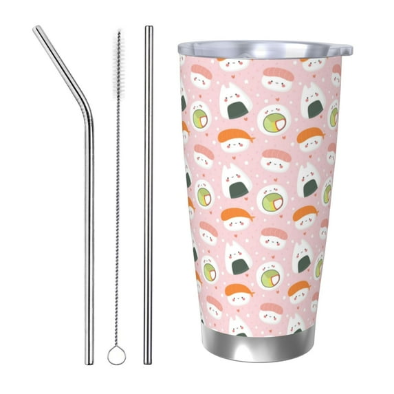 Fuzoiu Cute Sushi (2) Print 20oz Tumbler, Stainless Steel Vacuum Insulated Car Cup, Insulated Coffee Mug,Travel Mug with Lid,Thermal Cup for Outdoor-Straw Three-piece Set
