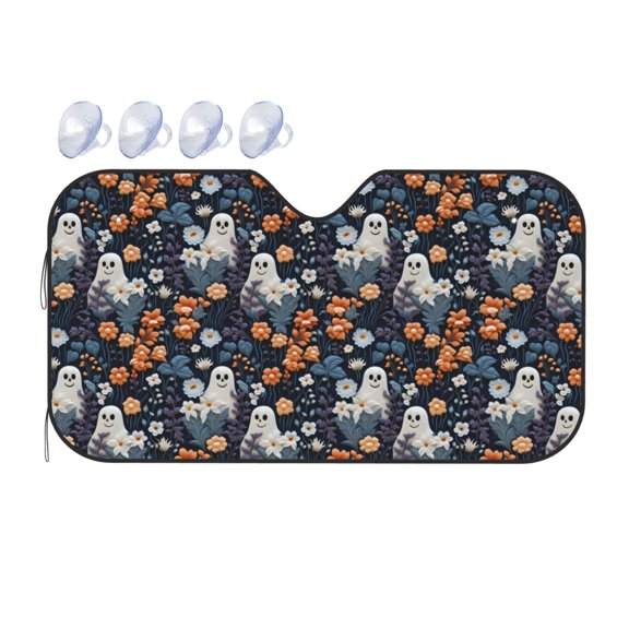Fuzoiu Cute ghost in the flowers Print Car Windshield Sunshade,Foldable Reflective Sun Visor,Windshield Sun Shade,UV Rays Sun Visor Shade,Auto Front Sun Shield Shade-Small