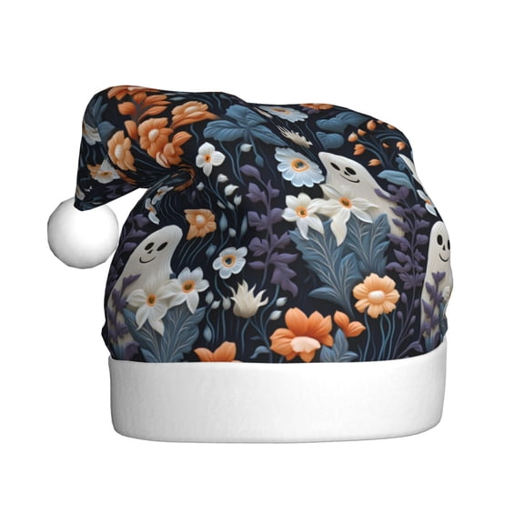 Fuzoiu Cute ghost in the flowers Print Santa Hat Christmas Hat for Adults,Santa Hats with Pompom, Unisex Xmas Holiday Hat for Christmas New Year Festive Party Supplies