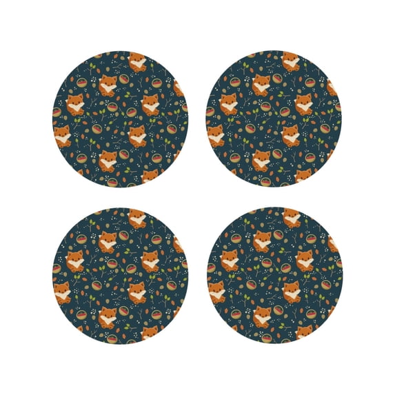 Fuzoiu Cute plant fox Print Leather Coasters Set,Drink Coasters Set of 4,for Tabletop Protection, Durable PVC Coasters,Home Décor and Housewarming Gift-Round Shape