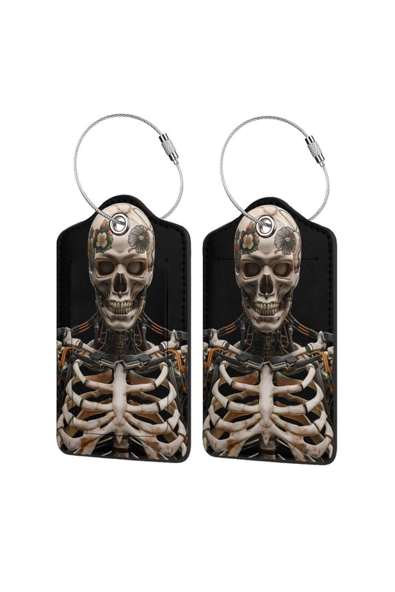 Cyber Skeleton With Tattoos Print Premium Leather Luggage Tag,Travel Accessory,Luggage Tag for Suitcase Baggage Handbag Travel Bag,Name Card & Privacy Cover-2 PCS