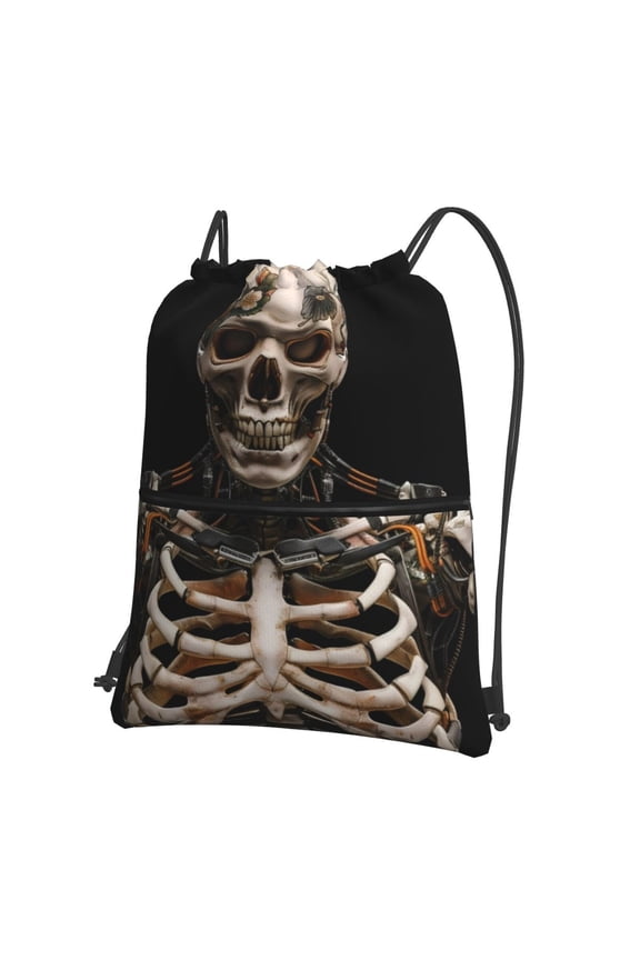 Cyber Skeleton With Tattoos Print Drawstring Backpack Water Resistant String Bag Sports Sackpack Gym Sack for Men Women