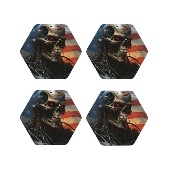 Fuzoiu Cyberpunk Skull American Flag Print Leather Coasters Set,Drink Coasters Set of 4,for Tabletop Protection, Durable PVC Coasters,Home Décor and Housewarming Gift-Hexagon