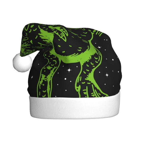 Fuzoiu DINOSAUR IN SPACE Print Santa Hat Christmas Hat for Adults,Santa Hats with Pompom, Unisex Xmas Holiday Hat for Christmas New Year Festive Party Supplies