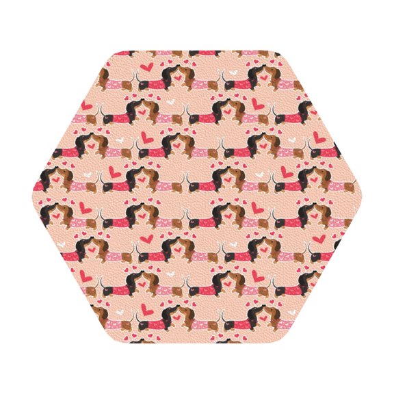 Fuzoiu Dachshund Couple Print Leather Coasters Set,Drink Coasters Set of 6,for Tabletop Protection, Durable PVC Coasters,Home Décor and Housewarming Gift,Hexagon